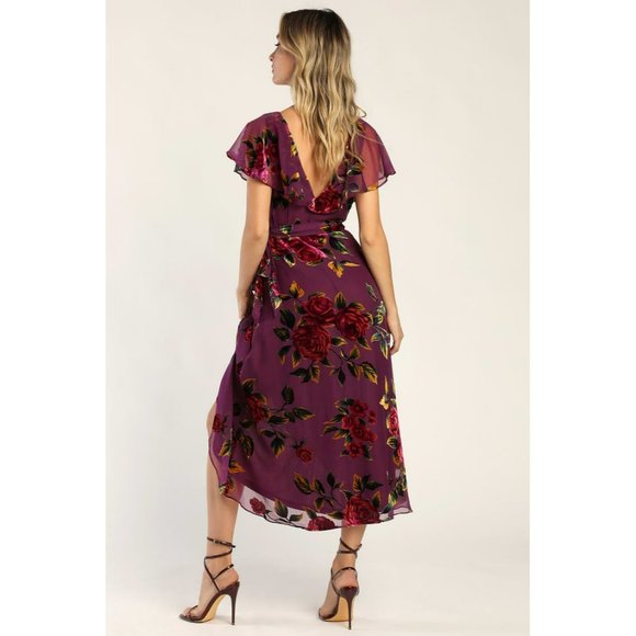 NWT Lulus Floral Passions Plum Purple Floral Velvet Wrap Midi Dress Size Large - Picture 5 of 13